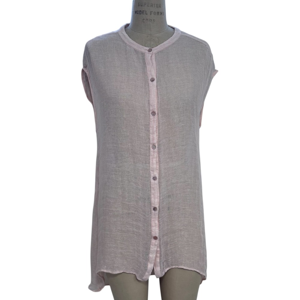 Eileen Fisher Organic Linen Blend Top Sleeveless Button Front Mesh Shirt Pink M